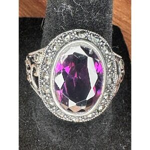 Vintage Purple Crystal Ring, Marcasite Accents, US Size 8